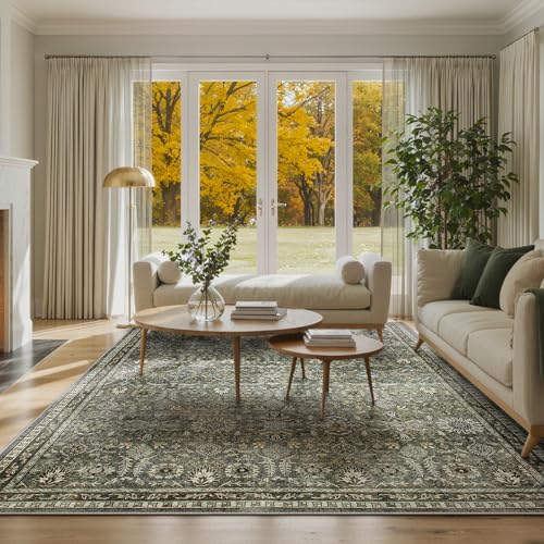 Lahome Dark Olive Green Bedroom Rug, 8x10 Washable Area Rug for Living Room