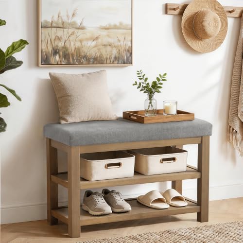Zihanhome Shoe Rack Bench with Cushion, 2 Tier Solid Wood Storage Bench, Mid-Century Modern Shoe Bench for Entryway, Hallway, Closet, Front Door Entrance, Foyer (Grey, 31.5")