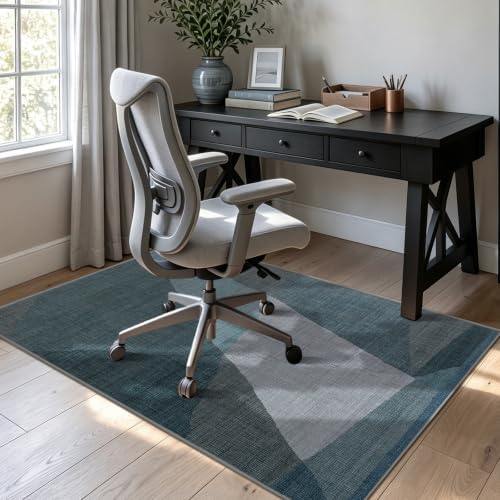 YIHOUSE Geometric Area Rug, Washable Non-Slip Low Pile, Blue, 5 x 7 ft