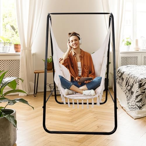 Goutime Hammock Chair,Hanging Rope Ceiling Swing with 2 Cushions, Macrame Boh...