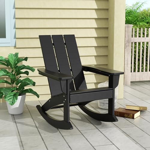 WO Home Furniture Modern HDPE Outdoor Adirondack Rocking Chair, Black