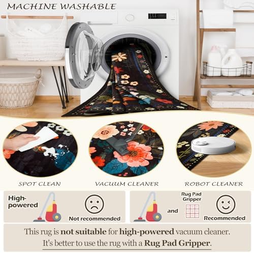 RELEANY Floral Washable 5x7 Area Rugs Black