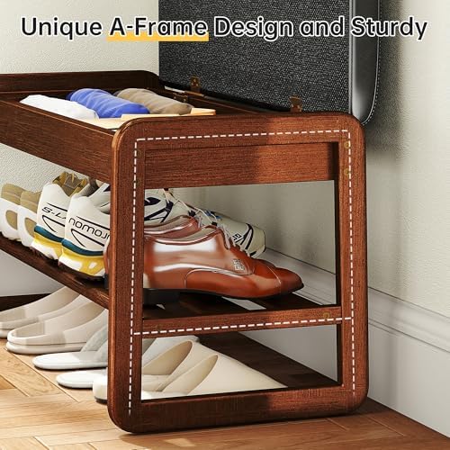 Shoe Rack Bench with Flip-Top Storage, Solid Rubberwood 2-Tier Shoe Organizer...
