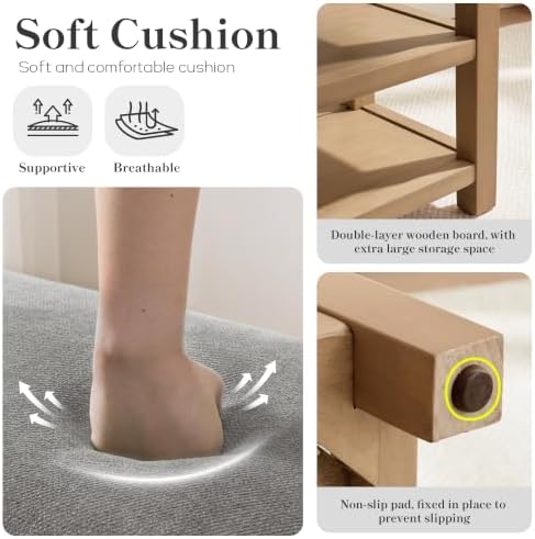 Zihanhome Shoe Rack Bench with Cushion, 2 Tier Solid Wood Storage Bench, Mid-...