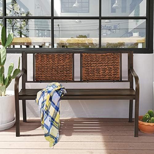 S AFSTAR Outdoor Garden Bench, Brown, Iron, Metal, Polyethylene, Rattan, 50.5...