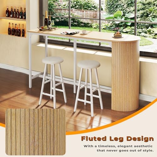 Fluted Bar Table and Chairs Set, 55'' Long Bar Tables with 2 Stools, ...