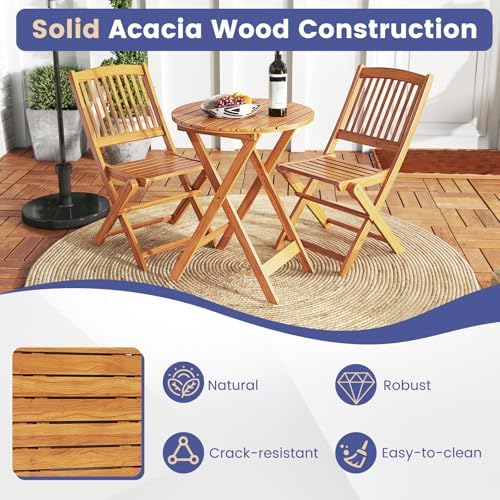 GIANTEX Patio Bistro Set 3 Pieces, Outdoor Acacia Wood Folding Table & Ch...