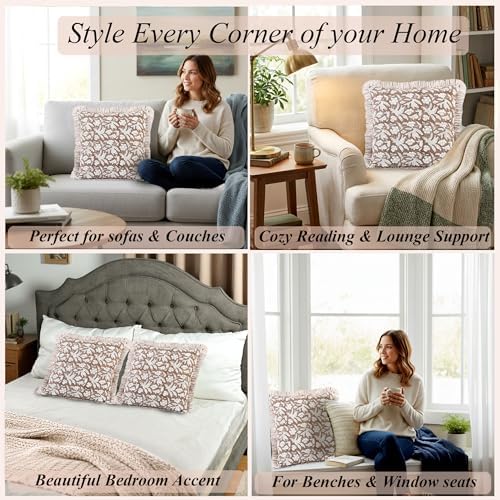 Ridhi Oak Brown Floral Block Print Throw Pillow Covers 16 x 16 Inch (Set of 2)