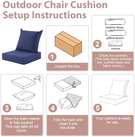 Outdoor Deep Seat Cushion Set, 24x24 Inch, Navy Blue, Set of 6