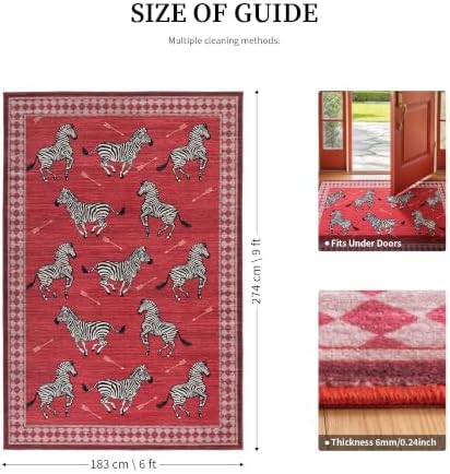 YIHOUSE Red Zebra Area Rugs 6×9, Washable Animal Print Rug with Checkered Bor...