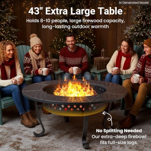43" Large Fire Pit for Outside with 2 Adjustable Grills,Lid & Fire P...
