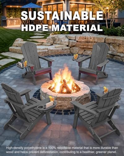 NAVINE Folding Adirondack Chairs Set of 4 with 4-in-1 Cup Holder, Grey