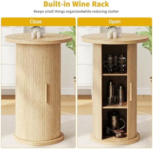 Round Bar Table with 3-Tier Hidden Storage Shelves Slide Door, 36.4''...