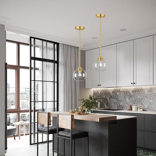 Gold Pendant Light Fixtures 2 Pack, Globe Pendant Lights with Clear Glass Sha...