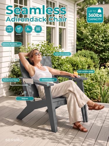 SERWALL Modern Adirondack Chairs Set of 2, Cup‑Holder, Solid Backrest, Grey