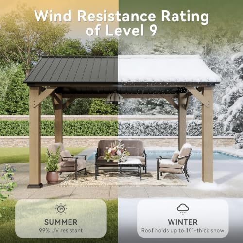 Aoxun 10' x 12' Wood Gazebo with Gable Galvanized Steel Roof, Natural