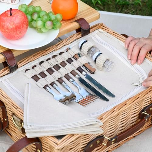 Multifunctional Wicker Picnic Basket Set for 2 with Blanket and Picnic Table,...