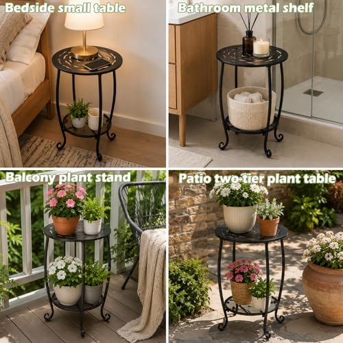 2-Tier Metal Round Side Table Set of Two Black Accent Coffee Tables Small Spa...