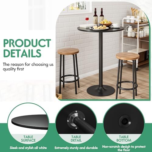 Shahoo Round Bar Table, Cocktail Table with Metal Base & MDF Top, Counter...