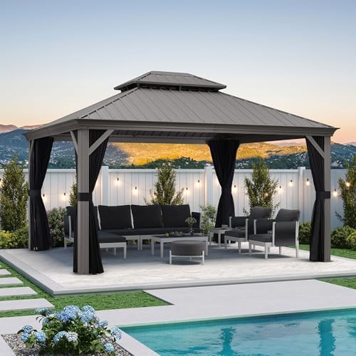 PURPLE LEAF Hardtop Gazebo 12' x 14' Patio Gazebo w/Black Curtain &am...