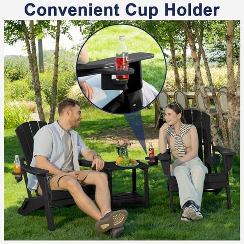 Plawdlik HDPE Folding Adirondack Chair Set of 2 with Cup Holder, Black