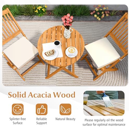 Tangkula 3 Pieces Acacia Wood Patio Folding Bistro Set, Outdoor Table and Cha...