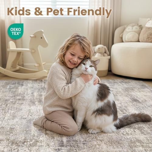cotiled 8x10 Area Rug for Living Room, Abstract Washable Carpet, Brown Grey