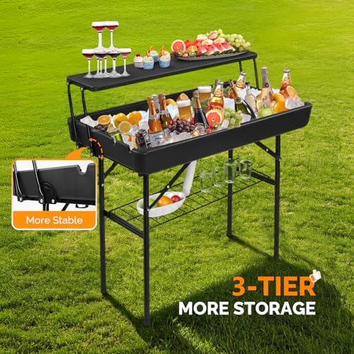 VINGLI Portable Cooler Table with Extra Storage Shelf, Alloy Steel, Black, Pi...