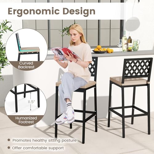 COSTWAY Outdoor Bar Chairs Set of 2 with Heavy-Duty Metal Frame and Cushion