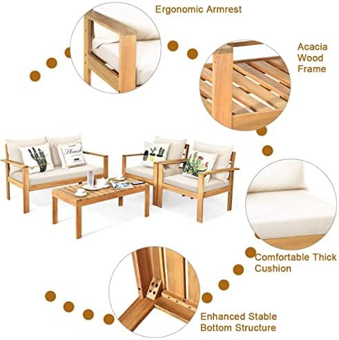 HAPPYGRILL 4 Piece Patio Furniture Set Outdoor Conversation Set Wood Sofa Tab...