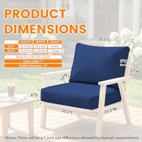 6 Inch Thick Olefin Deep Seat Cushion, Patio Cushion Dark Blue 25.5x25.5