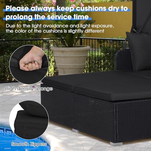 RELAX4LIFE Patio Outdoor Daybed with Canopy, Wicker Sunbed w/Cushions, 4 Pill...