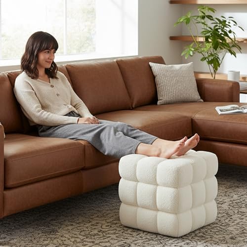 White Sherpa Square Ottoman - 17.3" Large Boucle Cube Pouf with Sturdy W...