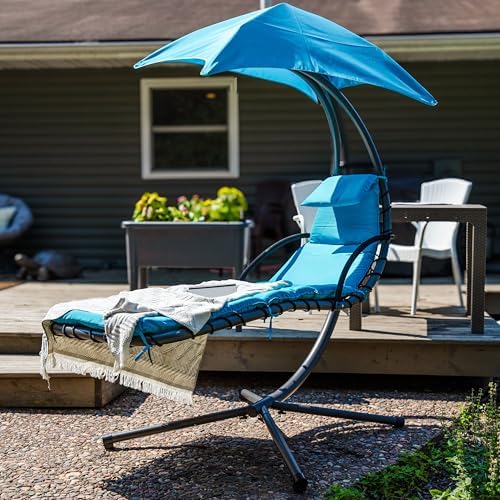 Sunnydaze Floating Chaise Lounger Swing Chair with Umbrella Canopy - Curved S...