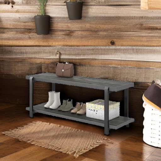 EXCEFUR Industrial Entryway Bench with Storage, Rustic Wood and Metal Shoe Ra...