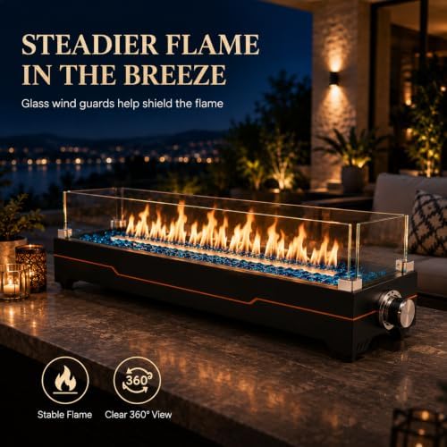 Grisun 36 Inch Tabletop Fire Pit with Glass Wind Guards for Patio & Camping