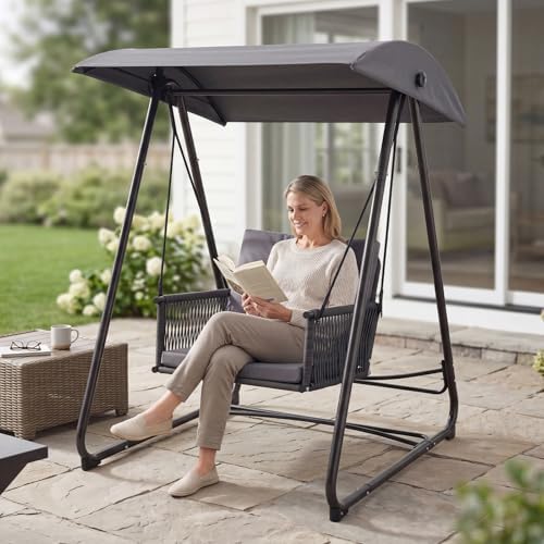 Porch Swing with Stand, Outdoor Swing with Canopy, All Weather Outdoor Swings...