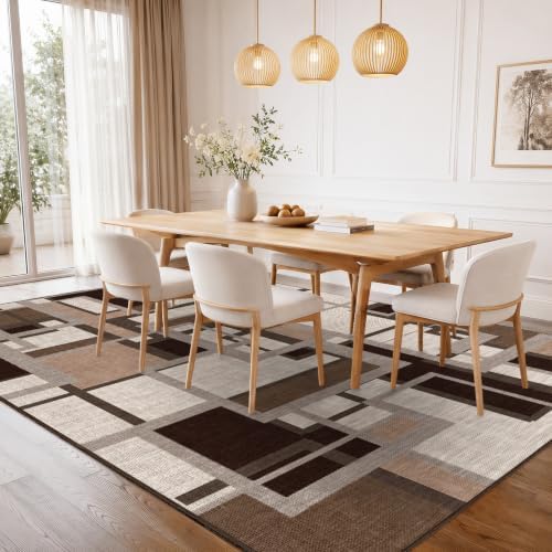 Modern Geometric 8x10 Area Rugs for Living Room, Coffee Brown Washable Rug