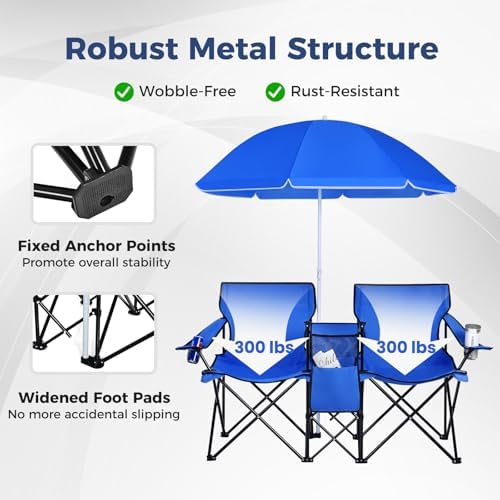 Goplus Double Camping Chair with Umbrella, Folding Loveseat Chairs w/Canopy S...