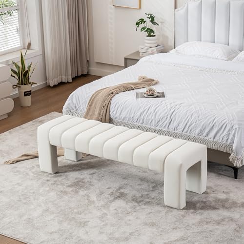 59" Velvet Bench for Bedroom King Size Bed Window End of Bed, Ivory White