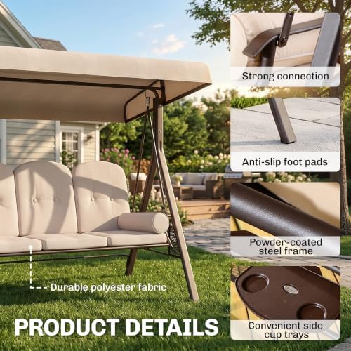 Outsunny 3-Seat Patio Swing Chair Adjustable Canopy Beige