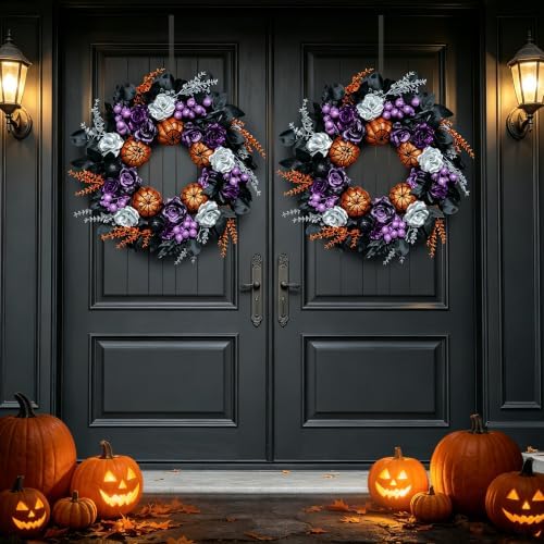 24 Inch Pumpkins Purple Black Halloween Wreaths for Front Door