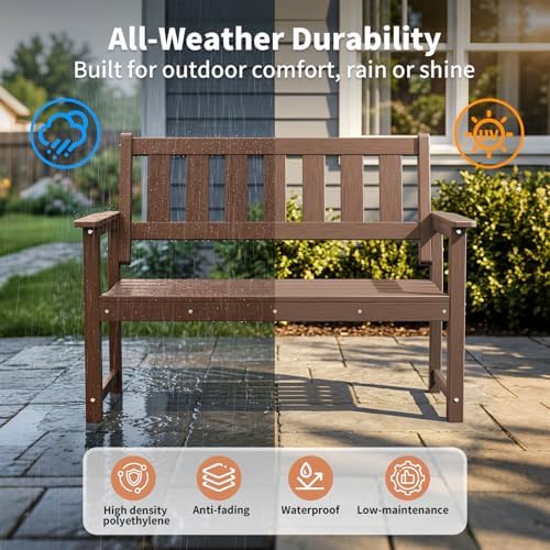 50" HDPE Outdoor Bench Weatherproof Patio Seating, Mocha Brown
