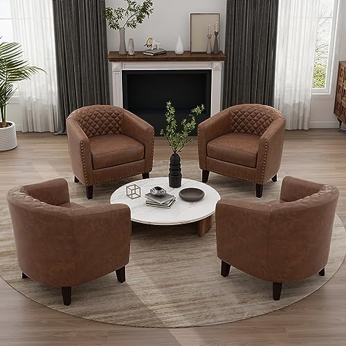 Faux Leather Barrel Accent Chairs Set of 4, Modern Armchair, Brown