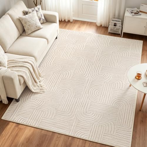 Etwel 5x7 Beige Modern Geometric Textured High-Low Pile Washable Area Rug