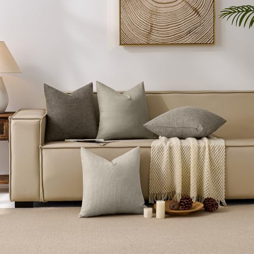 Natural Linen Look Throw Pillow Covers 18x18 Inch Set of 4, Textured Woven De...