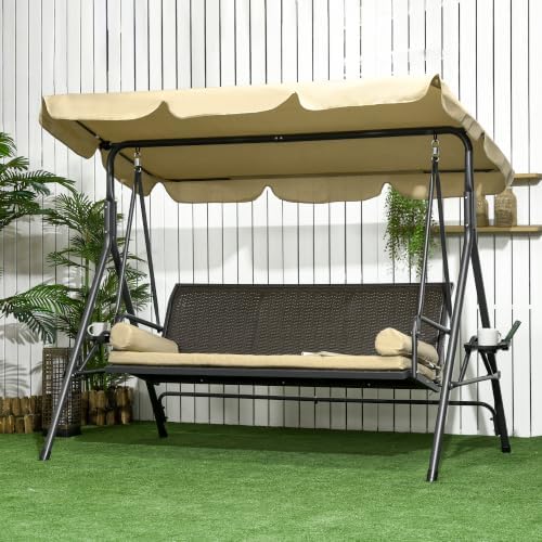 Outsunny 3-Seat Patio Swing Chair Swing Bench Adjustable Shade Rattan Seat
