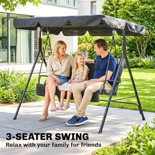 Outsunny 3-Person Porch Swing w/Stand Adjustable Tilt Canopy, Black