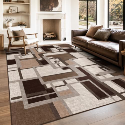 Modern Geometric 8x10 Area Rugs for Living Room, Coffee Brown Washable Rug