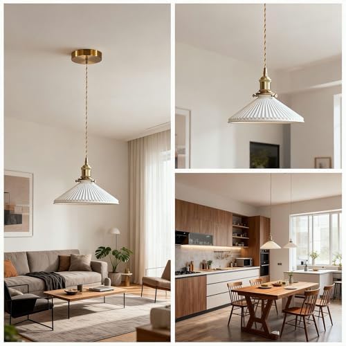Small Ceramic Pendant Light, Farmhouse Pleated Shade with Brass Socket, Vinta...